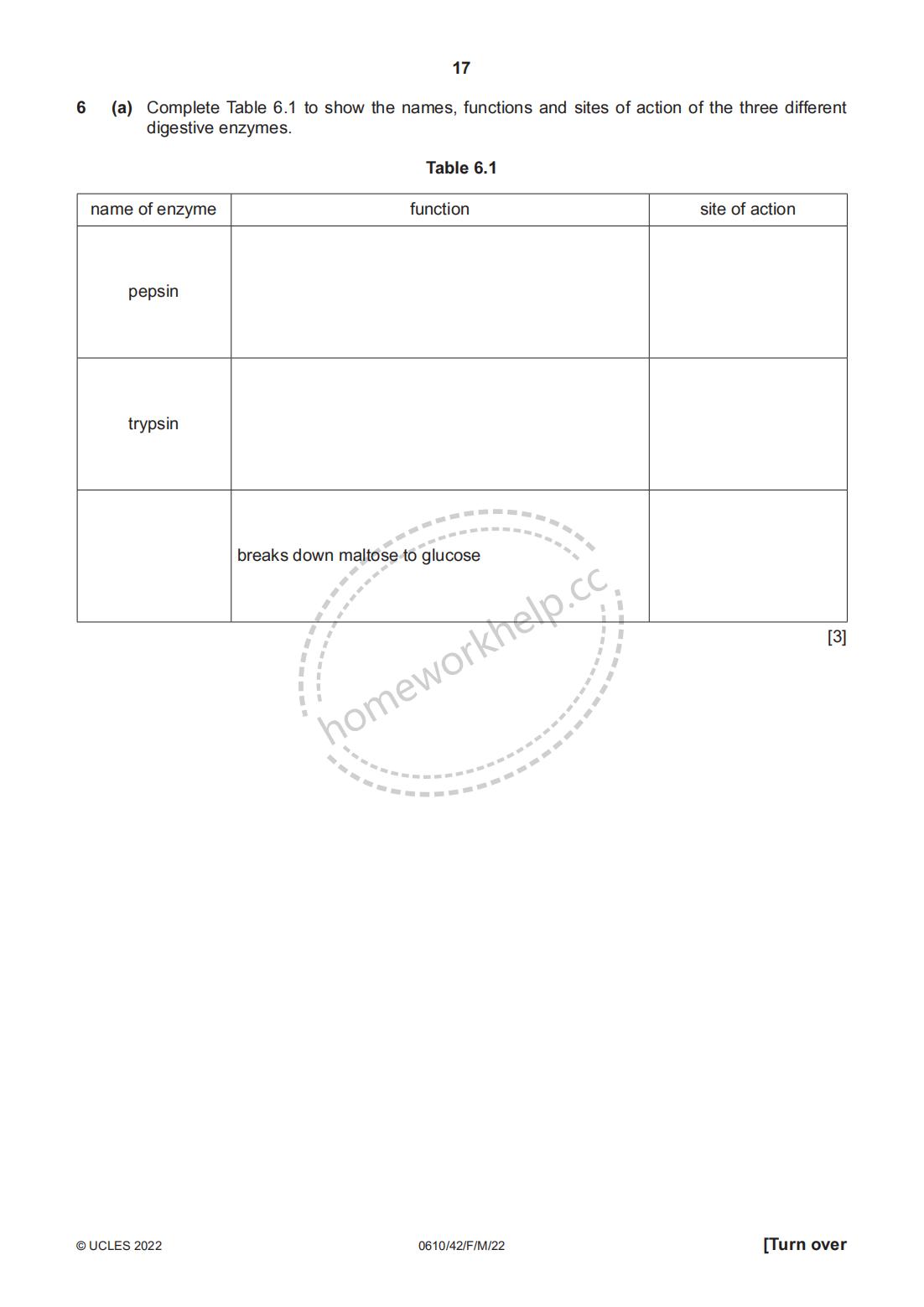 Question-6 Complete Table 6.1 to show the names, functions and sites of action of the three differe Question-6 Complete Table 6.1 to show the names, functions and sites of action of the three differe